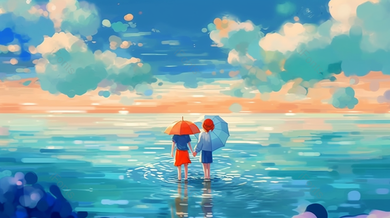 撑伞孩子站在蓝天白云海滩日出日落插画背景图蓝色手绘图,插画/手绘图,插画/手绘图库,插画/手绘图下载,插画/手绘